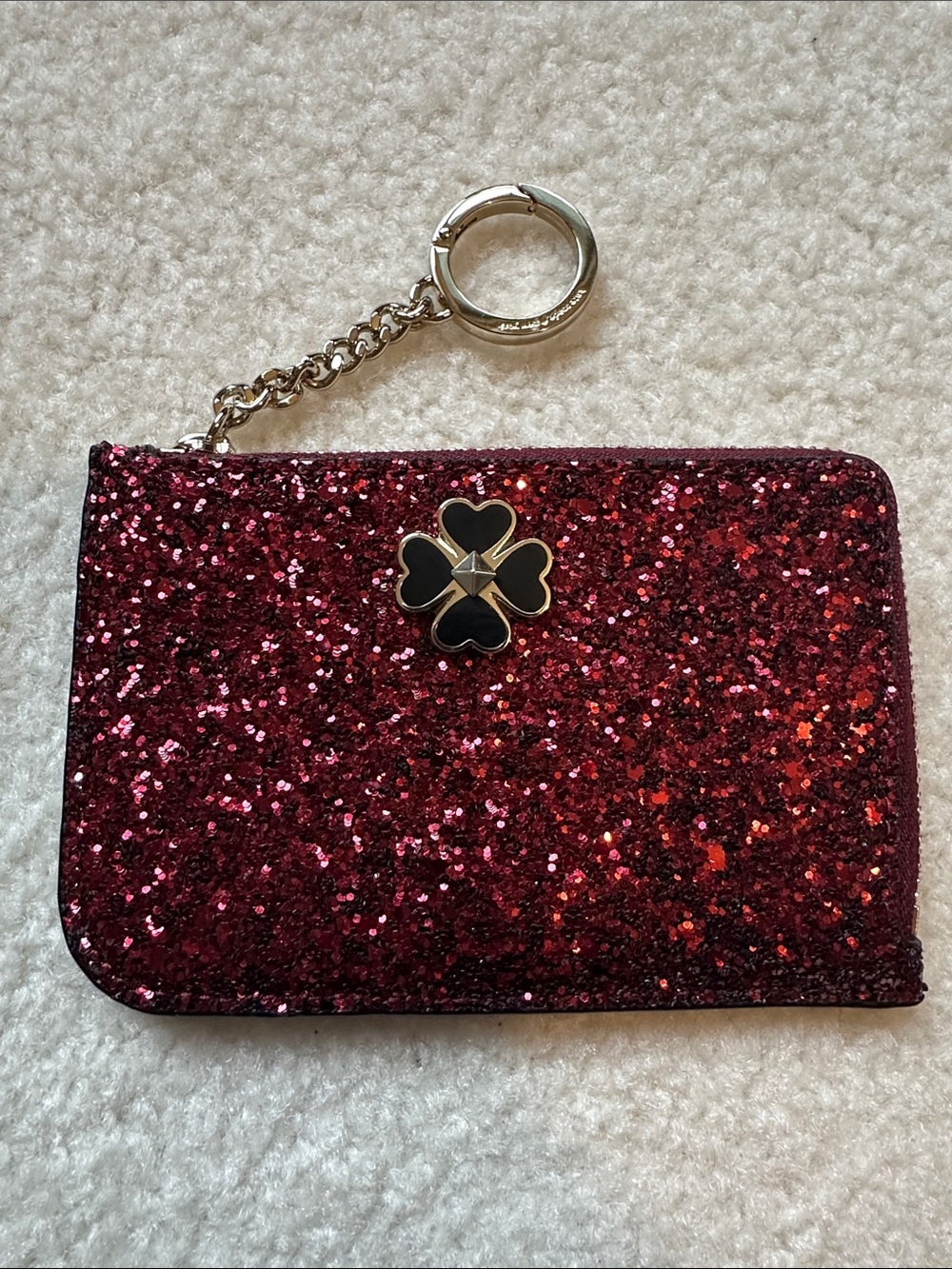 Kate Spade Burgundy Glitter Keychain Card Holder with Clover Accent